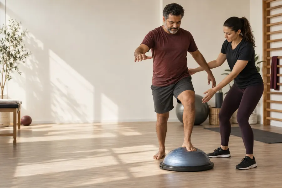 Cena demonstrativa de um adulto realizando exercício terapêutico com orientação profissional